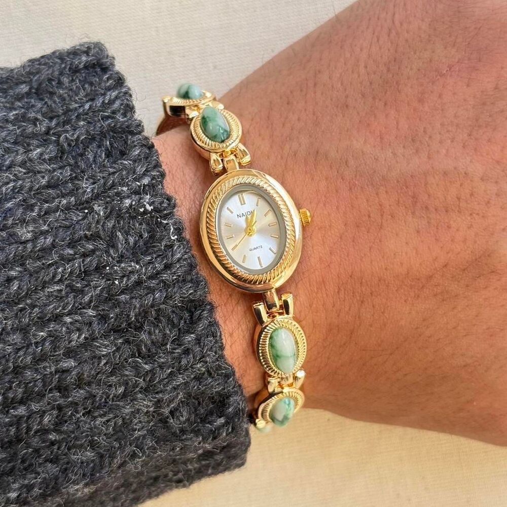 y2k cute gold round stainless steel quartz green stone charm watch